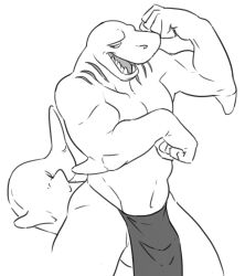 anthro balls bottomwear clenched_fists clothing elbow_fin fish flexing flookz genitals gills hi_res loincloth male male_only marine monochrome muscular muscular_anthro muscular_male navel open_mouth shark simple_background solo standing teeth white_background