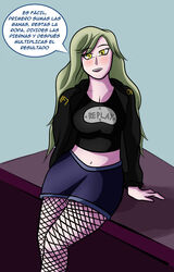 1girls bare_midriff cleavage crop_top feet_out_of_frame female female_only fishnet_legwear green_hair jacket long_hair looking_at_viewer sitting spanish_text tagme talking_to_viewer translated_in_comments yellow_eyes