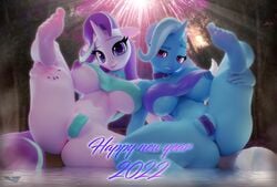 2girls 3d absurd_res anthro areola barefoot big_breasts blue_areola blue_nipples breasts duo equid equine feet female female/female female_only friendship_is_magic furry hasbro hi_res hooves-art horn looking_at_viewer maebari mammal my_little_pony new_year nipples purple_areola purple_nipples pussy_tape starlight_glimmer thick_thighs trixie_(mlp) unicorn