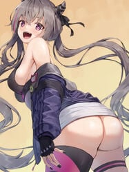 :d akasaki_koyo ass azur_lane bangs bare_shoulders black_gloves black_nails black_ribbon blush breasts bright_pupils brown_hair eyebrows_visible_through_hair female female fingerless_gloves from_behind gloves gradient gradient_background hair_cones hair_ribbon jacket large_breasts leaning_forward long_hair long_sleeves looking_at_viewer looking_back multicolored_hair nail_polish no_panties oerba_yun_fang open_clothes open_jacket open_mouth pink_eyes pink_hair purple_eyes purple_jacket ribbon san_francisco_(azur_lane) sideboob skirt smile solo streaked_hair teeth thigh_strap twintails two-tone_hair two-tone_legwear underbust upper_teeth upskirt very_long_hair white_skirt yellow_background