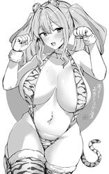 absurdres animal_ears animal_print azur_lane bangs bikini blush breasts bremerton_(azur_lane) chinese_zodiac cleavage collar covered_nipples female female greyscale highres hotate-chan large_breasts legs_together looking_at_viewer mole mole_on_breast mole_under_eye monochrome navel navel_piercing oerba_yun_fang paw_pose piercing skindentation solo string_bikini swimsuit tail thick_thighs thighhighs thighs tiger_ears tiger_girl tiger_print tiger_stripes tiger_tail twintails year_of_the_tiger