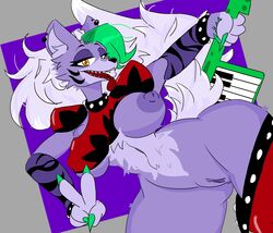 1girls animatronic anthro ass big_ass big_breasts big_butt black_nose breasts breasts_out_of_clothes canid canine canis claws curvy curvy_figure ear_piercing earrings facial_markings female five_nights_at_freddy's five_nights_at_freddy's:_security_breach fluffy_tail fur furry furry_only green_hair grey_fur grey_tail guitar long_hair looking_at_viewer mammal musical_instrument nipples panties_aside panties_down partially_clothed peace_sign piercing purple_body purple_fur purple_hair pussy robot roxanne_wolf_(fnaf) scottgames sharp_teeth simple_background spiked_collar spiked_wristband steel_wool_studios tail thick_thighs tongue tongue_out white_fur white_hair wide_hips wolf wolf_ears wolf_humanoid wolf_tail yellow_eyes