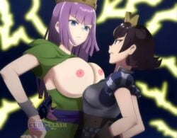 2d 2girls archer_queen_(clash_of_clans) areolae armor big_breasts black_hair breast_comparison breasts breasts_bigger_than_head breasts_out clash_(series) clash_of_clans clash_royale clothed clothed_female clothing comparing competitive crown fully_clothed fully_clothed_female hands_on_hips huge_breasts jealous looking_at_each_other partially_clothed partially_clothed_female princess_(clash_royale) purple_hair supercell surprised tagme tits