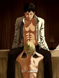 1boy 1girls abs annie_leonhardt attack_on_titan bare_back bertolt_hoover black_hair blonde_hair blue_eyes bra fellatio female hair_bun highres implied_oral kneeling maruta muscular nipples oral shingeki_no_kyojin short_hair straight tied_hair underwear