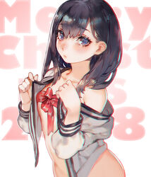 2018 aoin bangs black_hair blue_eyes blush bottomless clavicle eyebrows_visible_through_hair female female hair_between_eyes hands_up long_hair long_sleeves looking_at_viewer merry_christmas off_shoulder open_clothes open_shirt red_ribbon ribbon ribbon_bra shirt solo ssss.gridman takarada_rikka upper_body white_shirt