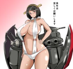 absurdres black_eyes black_hair breasts curvy female gradient gradient_background hand_on_hip highres huge_breasts kantai_collection kirishima_(kantai_collection) looking_at_viewer shiny shiny_skin short_hair slingshot_swimsuit smile solo swimsuit torii5011 white_background