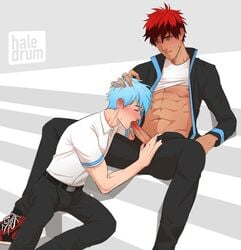 2boys blue_hair blush clothing erect_penis erection fellatio gay genitals haledrum hand_on_head head_grab kuroko_no_basuke male male/male male_only oral oral_sex penis red_hair shirt_lift taiga_kagami tetsuya_kuroko yaoi