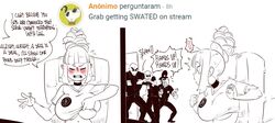 1girls beehive_hairdo big_breasts blush breasts comic command_grab dialogue doodle embarrassed english_text female large_breasts nuclearwasabi police sketch surprised surprised_expression swat_team tagme text tied_hair