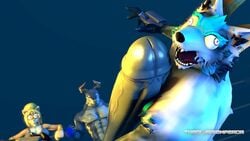 3d_(artwork) anthro canid canine canis derp_eyes digital_media_(artwork) enola_(mlpboxing) female fighting_ring fox genitals group humor hyper hyper_genitalia lizard lizard_(petruz) male mammal penis reptile scalie source_filmmaker theglassemperor wolf wolf_(petruz)