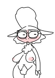 anthro blush bovid breasts caprine chest_tuft curvy_figure dawn_bellwether disney embarrassed eyelashes eyewear eyewear_only female fur genitals glasses glasses_only hair hooves large_breasts long_hair looking_away mammal monochrome nipples nude pubes pubic_hair pussy sagging_breasts shaved_pussy sheep shortstack simple_background solo the_weaver thick_thighs tuft voluptuous white_background wide_hips wool_(fur) zootopia zootropolis