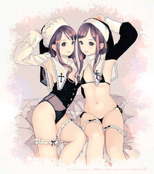 2girls adapted_uniform bangs bikini breasts closed_mouth cropped_legs cross_print detached_collar detached_sleeves female groin headdress highres holding_headdress kokudou_juunigou leg_garter leotard lingerie lips long_sleeves looking_at_viewer medium_hair multiple_girls navel nun on_bed original panties purple_hair side-tie_panties sidelocks sitting sitting_on_bed small_breasts strapless strapless_leotard swimsuit underboob underwear