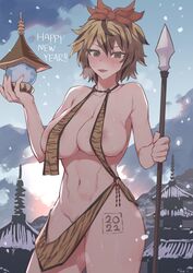 areola_slip areolae blonde_hair pubic_hair senmura senmuts spear tiger_print toramaru_shou touhou