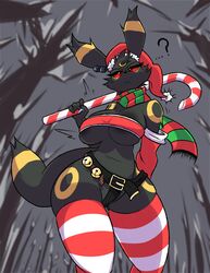 ... 2021 ? absurd_res anthro areola bell biped black_body candy candy_cane christmas christmas_clothing christmas_headwear clothing dessert ear_piercing eeveelution female food hat headgear headwear hi_res holidays legwear looking_at_viewer low-angle_view nintendo nonarycubed outside piercing plant pokémon_(species) pokemon pokemon_(species) red_clothing red_eyes santa_hat scarf solo thigh_highs tree umbreon video_games white_clothing yellow_body