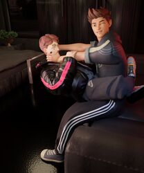 2boys 3d adidas beast_boy beast_boy_(fortnite) blue_eyes brown_hair brown_hair_male clothed clothed_sex clothing couch dc finger_in_mouth fortnite fortnite:_battle_royale gay grabbing green_eyes head_grab hoodie indoors jacket legs_crossed looking_at_viewer male male/male male_only nike open_mouth penetration sex sitting sweatpants tattoo tattoos yaoi