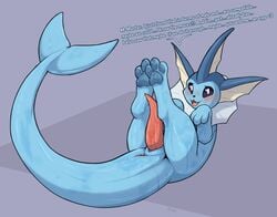 animal_genitalia animal_penis anus blush cetacean_penis eeveelution english_text erection feral fin genitals hi_res ketei legs_up lying male male_only meme nintendo on_back open_mouth penis pokémon_(species) pokemon simple_background solo tail_fin tapering_penis text vaporeon video_games wet wet_body