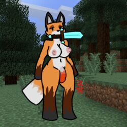 anthro ass big_breasts big_butt breasts canid canine fox fox_(minecraft) futa_only gynomorph herm intersex mammal mattydracofoxo melee_weapon microsoft minecraft mojang solo sword sword_in_mouth video_games weapon xbox_game_studios