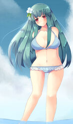 1girls alternate_costume ass_visible_through_thighs bangs bare_legs bikini blue_bikini blue_hair blue_swimsuit breasts female_only fire_emblem fire_emblem:_the_blazing_blade flower hair_flower large_breasts long_hair miyako_(mongcocoa) ninian_(fire_emblem) nintendo ocean outdoors red_eyes solo swimsuit water