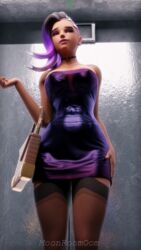 1girls 3d artist_name bag big_breasts choker cleavage clothed dress ear_piercing earrings elevator eyeshadow feet_out_of_frame female female_focus female_only fully_clothed handbag lipstick low-angle_view makeup minidress moonroomoom nipple_bulge no_bra overwatch purple purple_hair sombra squish standing stockings strapless_dress tagme thighhighs tight_clothes tight_clothing tight_dress translucent_clothing