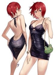 1girls ass backless_outfit bare_shoulders black_dress bracelet burn_scar clothed covered_navel dress female han_soo-min hanny_(uirusu_chan) little_black_dress medium_breasts minidress no_bra original purple_eyes purse red_hair scar short_dress short_hair side_slit smile solo spaghetti_strap tomboy toned toned_female turnaround