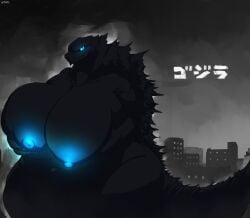 anthro bbw belly big_belly big_breasts big_nipples black_body black_scales blue_eyes breasts city cityscape claws curvy_figure female glowing glowing_eyes glowing_nipples godzilla godzilla_(series) hi_res holding_breast huge_breasts kaiju looking_at_viewer monster night nipples nude obese overweight rule_63 scales scalie solo spiked_tail spikes spikes_(anatomy) text thick_thighs toho translated voidcatart voluptuous