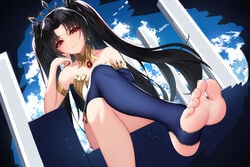 1girls 2022 black_hair breasts crossed_legs damao_yu deity detailed_background fate/grand_order fate_(series) feet female female_only foot_fetish foot_focus goddess highres ishtar_(fate) light_blush long_hair looking_at_viewer one_thighhigh pov_feet red_eyes sitting small_breasts smile soles stirrup_legwear twintails