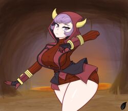 1girls big_breasts big_butt breasts cave clothed clothed_female courtney_(pokemon) courtney_(pokemon_oras) curvy diverp hood hood_up horns hourglass_figure light-skinned_female nintendo pokemon pokemon_oras purple_eyes purple_hair quads solo solo_female team_magma thick_ass thick_legs thick_thighs thighs tight_clothing wide_hips