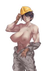 absurdres bare_shoulders black_hair breasts brown_eyes brown_gloves cageman cowboy_shot dirty female gloves grey_jumpsuit helmet highres jumpsuit large_breasts nipples original parted_lips short_hair simple_background solo topless white_background yellow_headwear