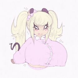 blonde_hair grumpy hair_ornament hair_ribbon huge_breasts midriff mouse_ears mouse_humanoid mouse_tail pajamas shortstack smutbunny tiffy_cheesecake twintails undersized_clothes