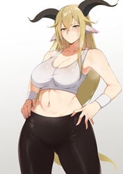 1girls 2021 alternate_costume animal_ears arknights armpits belly black_pants blonde_hair blush breasts cleavage clothed clothed_female cowboy_shot degenbrecher_(arknights) embarrassed eyebrows_visible_through_hair female female_only frown gluteal_fold goat_ears goat_horns gradient gradient_background grey_background hair_between_eyes hands_on_hips high_resolution highres horns large_breasts light-skinned_female light_skin long_hair looking_at_viewer navel pants simple_background solo solo_female sports_bra standing steaming_body stomach sweat sweatband thick_thighs thighs tight tight_pants white_background wristband xperiajoker yellow_eyes