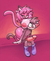 1boy 1girls aeris_(vg_cats) anthro anthro_on_anthro armpits big_breasts bigdad breasts domestic_cat felid feline felis female genitals hair hi_res leo_(vg_cats) male male/female mammal nipples penis pink_hair vg_cats