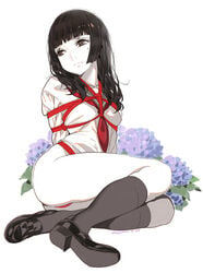 alphonse_(white_datura) ass bangs black_eyes black_hair blunt_bangs bondage bottomless breasts dated female flower high_resolution hime_cut hydrangea japanese_girl loafers long_hair mole mole_under_eye neckerchief original pettanko red_rope rope school_uniform serafuku shoes signature sitting slip-on_shoes small_breasts solo tied_up