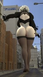 1girls 3d ass big_ass big_breasts breasts clothing female female_only giantess huge_ass ilikebigmikus light-skinned_female light_skin macro nier:_automata rear_view solo solo_female standing thick_thighs thighhighs white_hair yorha_2b