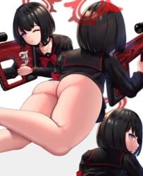 ass black_hair blue_archive gun huge_butt justice_task_force_(blue_archive) mashiro_(blue_archive) school_uniform schoolgirl serafuku skirt thick_thighs trinity_general_school_student violet_eyes