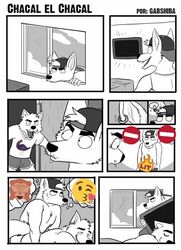 2017 angry anthro anthro_only athletic athletic_anthro backwards_baseball_cap backwards_hat baseball_cap bottomwear canid canine canis censored chacal_(character) clothing duo ear_piercing emoji emoji_censor eyebrows facial_hair fangs flashing gabshiba greyscale happy hat headgear headwear humor jackal male male/male male_only male_penetrated male_penetrating male_penetrating_male mammal monochrome open_mouth open_smile orientation_play penetration penile penile_penetration piercing pulling_down_pants raised_tail robbery seductive shirt shorts silly simple_background sleeping smile speech_bubble stealing straight_to_gay submissive submissive_male surprise surprise_buttsex surprise_sex tank_top thick_eyebrows thief topwear trespassing tuft twunk window wolf