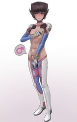 1boy blush clothing d.va erection eyebrows_visible_through_hair femboy genderswap_(ftm) headwear male male_only nipples overwatch penis rule_63 solo testicles tiyer