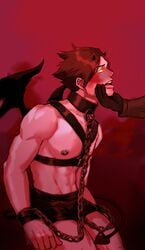 abs amber_eyes blush brown_hair chains horns male_only malesub nipple_piercing nipples succubus suna_rintaro tail tongue_out wings yellow_eyes