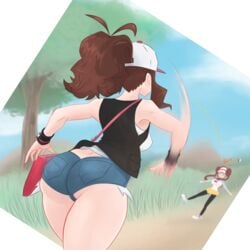 2girls ass baseball_cap big_ass big_breasts bonk_(sound_effect) breasts brown_hair cameltoe comedy dat_ass diverp double_bun female female_only funny handbag hilda_(pokemon) humor nintendo pantyhose poke_ball poke_ball_(basic) pokeball pokemon pokemon_bw pokemon_bw2 ponytail rosa_(pokemon) short_shorts shorts signature standing tagme thick thick_ass thick_thighs throwing throwing_object tree visor_cap white_shirt x_x