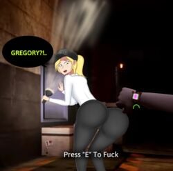 air_duct ass big_ass blonde_hair cap five_nights_at_freddy's five_nights_at_freddy's:_security_breach green_eyes gregory_(fnaf) hair_tied imminent_sex michellt70 pawg security_guard shirt surprised uniform vanessa_(fnaf) video_game