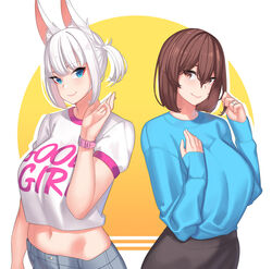 2girls alternate_costume alternate_hairstyle animal_ear_fluff animal_ears azur_lane bangs blue_eyes blue_sweater breasts brown_eyes brown_hair closed_mouth clothes_writing crossover denim english_text eyebrows_visible_through_hair fox_ears franham hand_on_own_chest hand_up highres kaga_(azur_lane) kaga_(kantai_collection) kantai_collection large_breasts long_sleeves looking_at_viewer midriff multiple_girls namesake navel shirt short_hair short_sleeves side_ponytail smile sweater white_hair white_shirt