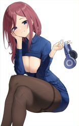 absurdres black_legwear blue_eyes blue_sweater breasts center_opening cleavage cleavage_cutout clothing_cutout elbow_rest female female_only go-toubun_no_hanayome head_rest headphones highres holding holding_headphones keyhole_turtleneck large_breasts legs_crossed long_hair long_sleeves looking_at_viewer nakano_miku no_bra pantyhose parted_lips red_hair simple_background sitting smile solo solo_focus steeb straight_hair sweater teeth white_background