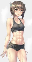 abs bare_arms bare_legs bare_shoulders black_swimsuit brown_eyes brown_hair collarbone cowboy_shot eyebrows_visible_through_hair female grey_background hair_between_eyes headgear highres kantai_collection kokuzou looking_at_viewer short_hair simple_background solo sports_bikini sportswear swimsuit taihou_(kantai_collection)