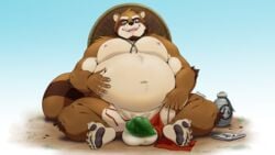 16:9 2020 anthro asian_clothing balls belly big_balls big_belly brown_body brown_fur canid canine clothing east_asian_clothing flaccid fundoshi fur genitals humanoid_genitalia humanoid_hands humanoid_penis japanese_clothing kemono leaf male mammal moobs naturally_censored navel nipples overweight overweight_anthro overweight_male penis raccoon_dog sitting solo tanuki tori2tea underwear widescreen