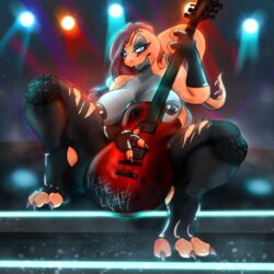 absurd_res air_guitar animal_genitalia anthro balls big_breasts bottomwear breasts calyn_reyzir claws clothed clothing concert dariusaurelius digital_media_(artwork) diphallia diphallism electric_guitar erection fan_character futanari genitals gloves guitar gynomorph hair handwear herm hi_res intersex latex_gloves latex_stockings leaning leaning_back leather leather_bottomwear leather_clothing leather_pants lights lizard looking_at_viewer markings multi_genitalia multi_penis musical_instrument neon nintendo nipple_piercing nipples open_bottomwear open_clothing open_pants pants penis performance piercing plucked_string_instrument pokémon_(species) pokemon reptile scales scalie scrafty shirtless sitting smile solo stage string_instrument thick_thighs video_games