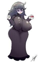 @_@ ahoge alternate_breast_size big_breasts breasts covered_erect_nipples creatures_(company) female game_freak hex_maniac highres huge_breasts impossible_clothes large_breasts long_hair looking_at_viewer massive_breasts nintendo npc_trainer open_mouth pokemon pokemon_(game) pokemon_xy purple_eyes purple_hair solo starykrow thick_thighs very_long_hair wide_hips