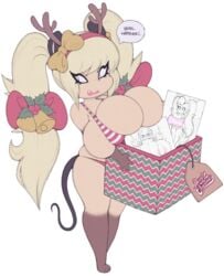 antlers bikini_bottom bikini_top blonde_hair box carrying christmas christmas_outfit disney grumpy hair_ornament hair_ribbon huge_breasts massive_breasts micro_bikini mouse_ears mouse_tail penis penis_on_head shortstack skimpy_bikini smutbunny tiffy_cheesecake twintails