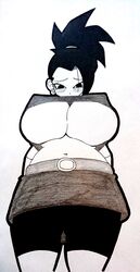 1girls belt big_breasts black_and_white black_eyes black_hair blush cute dragon_ball dragon_ball_super earrings female female_focus female_only hourglass_figure huge_breasts kale kuuga_318 large_breasts long_hair low-angle_view nipple_bulge saiyan sketch solo solo_female solo_focus voluptuous wristband young younger_female