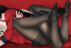 2girls 3:2_aspect_ratio after_kiss bad_id bad_pixiv_id bami_clan_(kakegurui) black_hair black_legwear black_skirt blazer blue_lips blue_nails braid clothes_pull cowgirl_position embracing excited feet female formal head_out_of_frame hug hyakkaou_academy_uniform jabami_yumeko jacket kakegurui leg_lock legs long_hair momobami_kirari multiple_girls nail_polish no_shoes on_top open_mouth pantyhose pdc pink_lips plaid plaid_skirt red_background red_jacket saliva saliva_swap saliva_trail school_uniform school_uniform_(suit) skirt skirt_lift skirt_pull smile suit thighband_pantyhose tied_hair uniform unmoving_pattern very_long_hair white_hair yuri