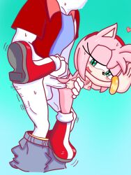 3:4 amy_rose anon anthro bulge clothing duo eulipotyphlan female green_eyes hair hedgehog humanoid male male/female mammal medium_breasts ohyuki pink_body pink_hair sega size_difference sonic_(series) sonic_the_hedgehog_(series)