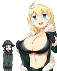 2girls artstyle_imitation black_hair blonde_hair bra chito_(shoujo_shuumatsu_ryokou) flashing girls'_last_tour helmet large_breasts navel open_clothes saliva saliva_drip salivating shoujo_shuumatsu_ryokou showing_off sinensian smile sweat uniform yuuri_(shoujo_shuumatsu_ryokou)