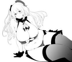 areola_slip areolae atago_(kantai_collection) belly bikini blush breasts eyepatch_bikini fat fat_rolls female goshiki_suzu greyscale hat huge_breasts kantai_collection long_hair monochrome navel one_side_up plump solo swimsuit thighhighs